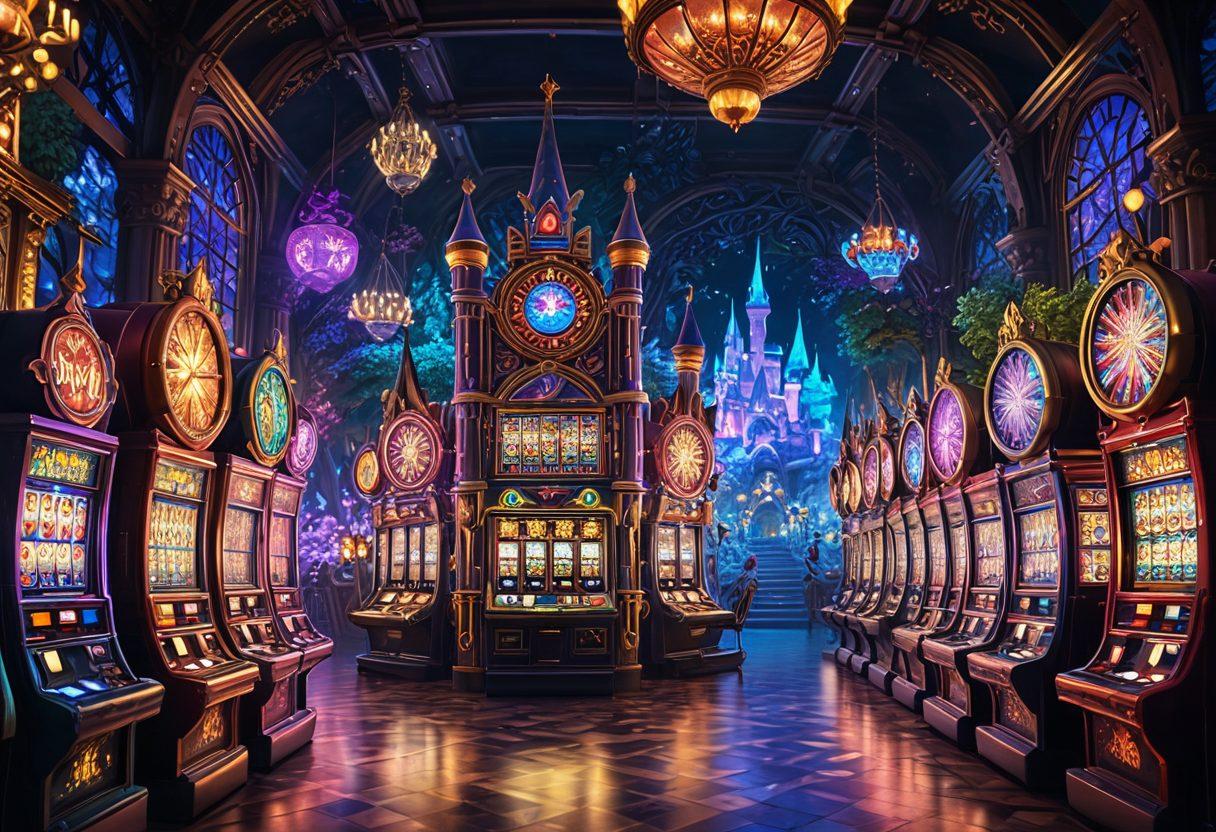 A vibrant montage depicting a fantastical world where slot machines merge with mystical sorcery elements. Include intricate symbols and cute anime-style characters casting spells while playing slots, with neon lights and whimsical backgrounds. Capture the excitement of gaming and the allure of fantasy in a dynamic composition. super-realistic. vibrant colors. 3D.