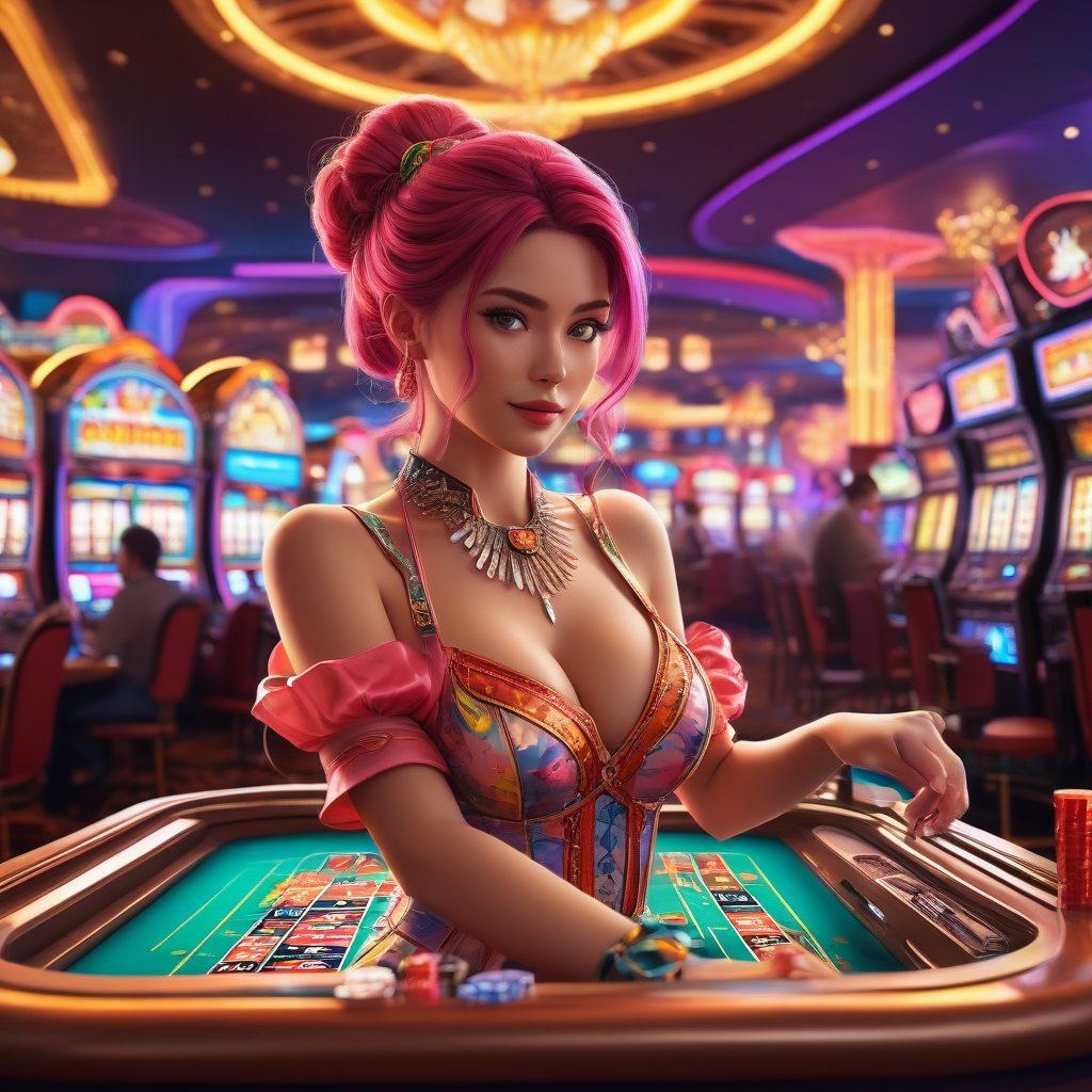 A vibrant and enticing scene showcasing a whimsical casino filled with colorful, anime-style characters engaging in various gaming activities, surrounded by elements of erotic fantasy. Neon lights illuminate the atmosphere while slot machines and poker tables reflect a playful yet seductive vibe. Hints of fantasy landscapes are subtly integrated in the background, invoking a sense of adventure. The characters display various emotions of excitement and curiosity. super-realistic. vibrant colors. 3D.